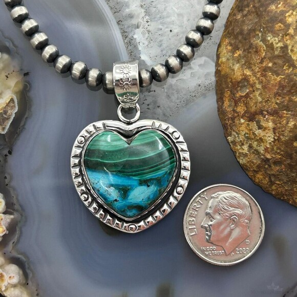 Sterling Silver Southwestern Style Azurite Malachite Heart Pendant For Women - Picture 8 of 10